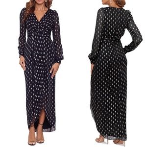 NEW BETSY & ADAM Black METALLIC Printed RUBY V-Neck PLEATED Evening Dress GOWN 6